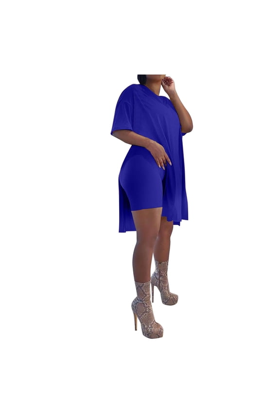 2 Piece Sets For Women Casual Oversized Summer Outfits Short Sleeve Side Split Tops Shorts Set Workout Clothes Solid Color Versatile Outfit