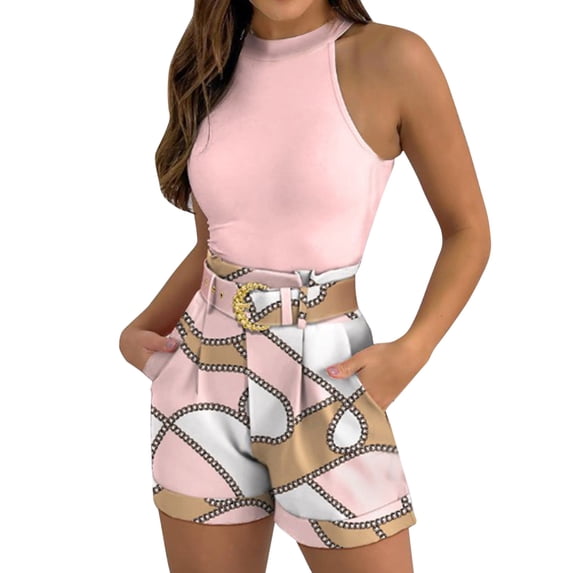 DHFJKG 2 Piece Sets For Women Summer Floral Sleeveless Crewneck Tank Top High Waisted Shorts With Belt Boho Beach Vacation Clothes Comfortable Outfit