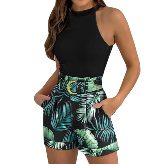 DHFJKG 2 Piece Sets For Women Summer Floral Sleeveless Crewneck Tank Top High Waisted Shorts With Belt Boho Beach Vacation Clothes Cozy Outfit