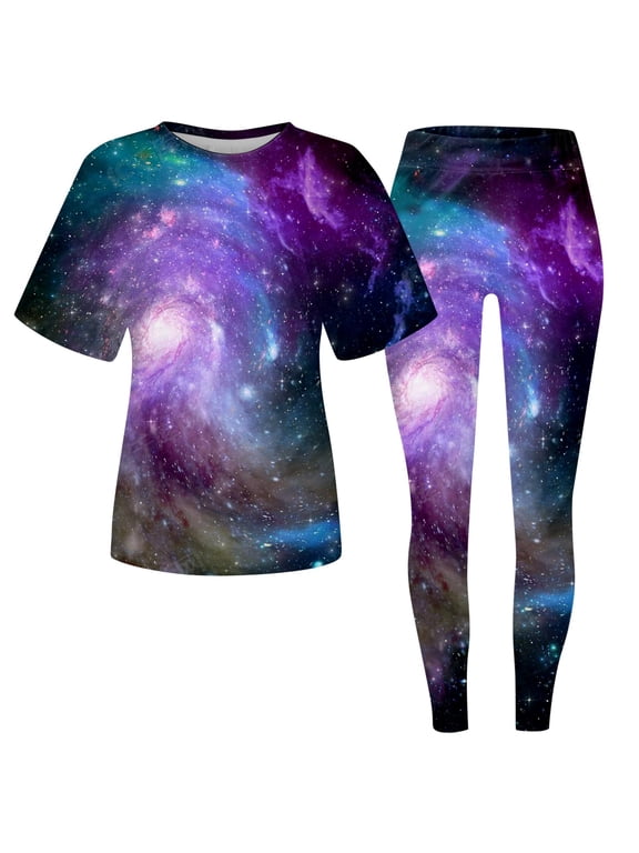 2 Piece Sets For Women Summer Workout Outfits Short Sleeve Loungewear Sets Galaxy Printed Leggings Casual Tracksuits Stylish Outfit