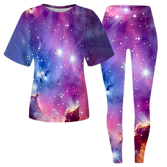 DHFJKG 2 Piece Sets For Women Summer Workout Outfits Short Sleeve Loungewear Sets Galaxy Printed Leggings Casual Tracksuits Trendy Outfit
