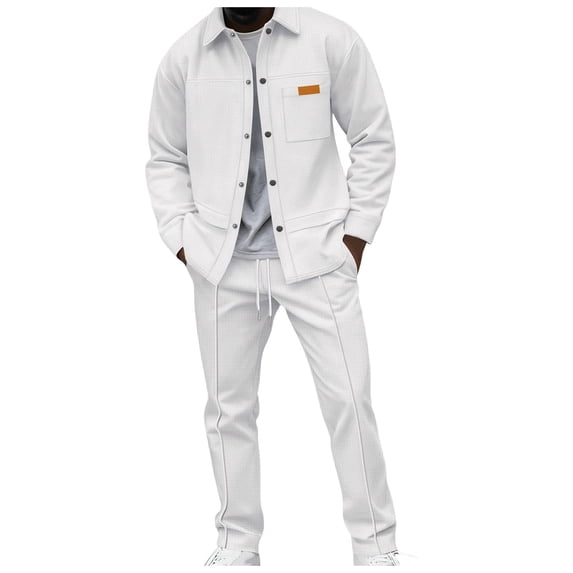 DHFJKG 2 Piece Sets Mens Shirts Waffle Button Down Turndown Collar Shirt Jacket Straight Leg Pants Solid Color Soft Outfit