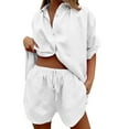 thumbnail image 1 of DHFJKG 2 Piece Sets For Women Spring Summer Outfits Long Sleeve Button Up Lapel Blouse Shirt High Wasit Shorts Set Casual Beach Vacation Clothes Versatile Outfit, 1 of 4
