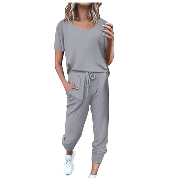 DHFJKG 2 Piece Sets For Women Summer Sweatsuits Short Sleeve Crewneck T Shirts Joggers Ankle-Tied Sweatpants With Pockets Tracksuits Sets Stylish Outfit
