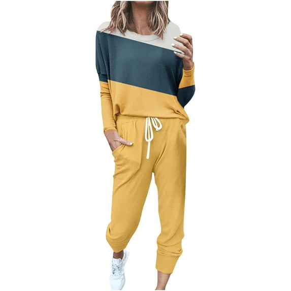 DHFJKG 2 Piece Sets For Women Sweatsuits Long Sleeve Crewneck T Shirts Joggers Drawstring Ankle-Tied Sweatpants With Pockets Tracksuits Sets Color Block Cozy Outfit