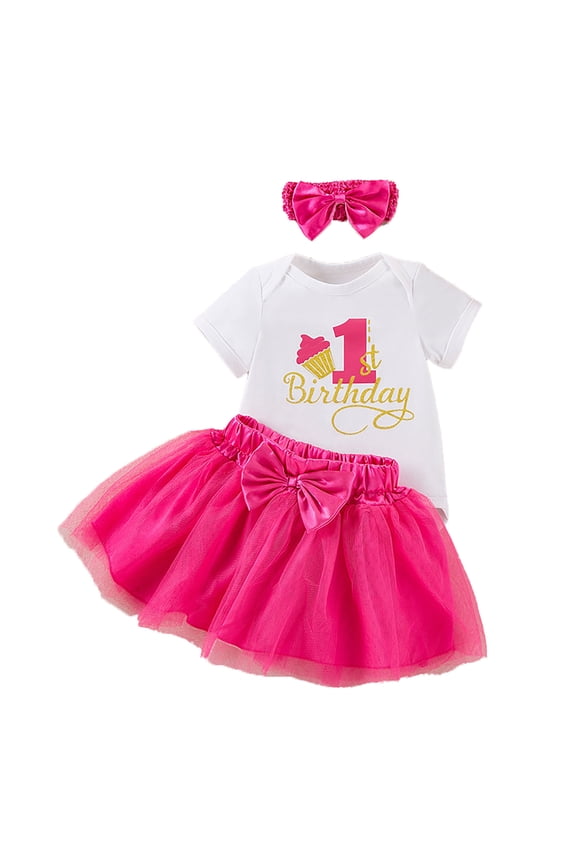 2 Piece Suit Baby Girl's 1st Birthday Outfit Set Letter Short Sleeve Romper Tutu Dress Hair Bow Cute Photoshoot Party Dress Summer Cottonblend O-Neck Trendy Outfits