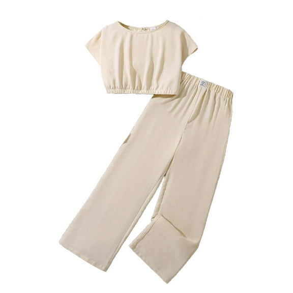 DHFJKG 2 Piece Suit Girls Summer Outfits Set Elastic Casual Fashion Clothes For 8 12 Years Old Short Sleeve Elastic Waist O-Neck Leisure Outfit