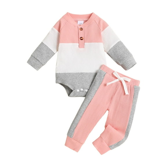 DHFJKG 2 Piece Suit Infant Boys Girls Long Sleeve O-Neck Patchwork Ribbed Romper Bodysuit Pants Solid Color Outfits Lovely Outfit