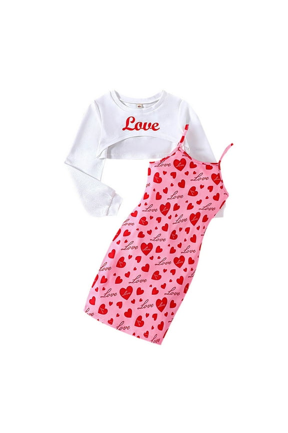 2 Piece Suit Sweet Girl Dress Set Long Sleeve O-Neck Crop Top Valentine's Day Pattern Comfortable Breathable Dress Set Holiday Outfit