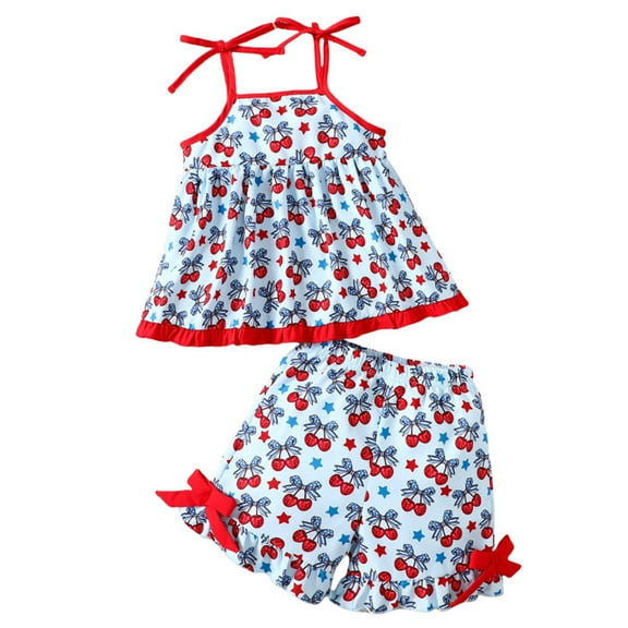 DHFJKG 2 Piece Suit Toddler Girls Sleeveless Cartoon Cherry Prints Tops T Shirt Vest Shorts Outfits Leisure Outfit