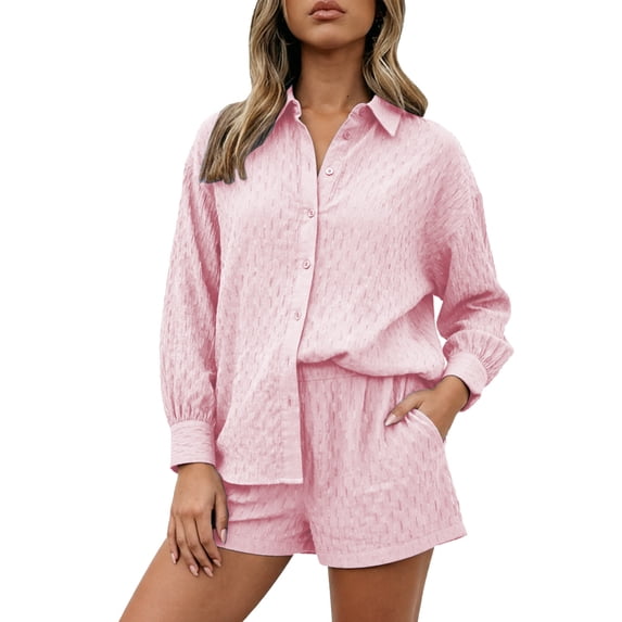 DHFJKG 2 Piece Summer Outfits Women Shorts Set Textured Long Sleeve Button Up Shirts And Shorts Loose Fit Matching Sets Versatile Outfit