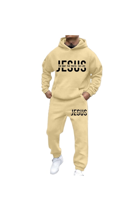 2 Piece Sweatsuit For Men Letter Print Hoodie Track Suits Casual Pullover With Jogger Ankle-Tied Pants Athletic Streetwear Soft Outfit