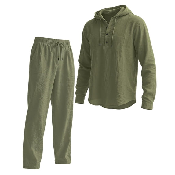 DHFJKG 2 Piece Sweatsuit For Men Linen Casual Suit Solid Color Hooded Long Sleeve Pullover Loose Fit Pants Lightweight Comfort Outfit