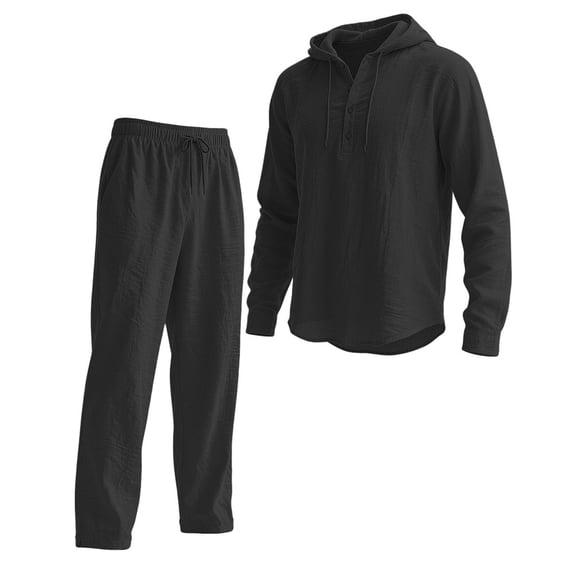 DHFJKG 2 Piece Sweatsuit For Men Linen Casual Suit Solid Color Hooded Long Sleeve Pullover Loose Fit Pants Lightweight Comfort Outfit
