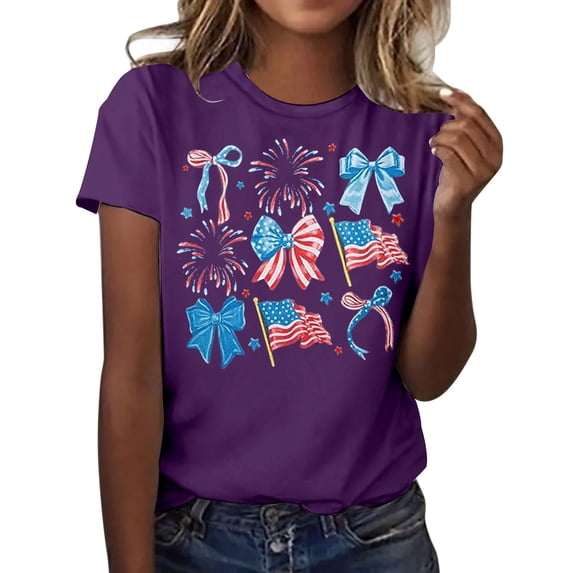 DHFJKG 250 Anniversary USA T Shirts For Women Short Sleeve Graphic Tee Bow Printed Crew Neck Loose Fit July 4Th Birthday Tshirts Comfortable Tops