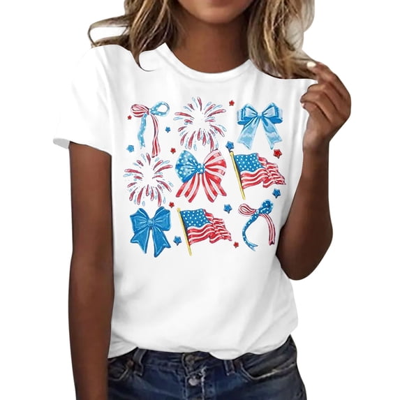 DHFJKG 250 Anniversary USA T Shirts For Women Short Sleeve Graphic Tee Bow Printed Crew Neck Loose Fit July 4Th Birthday Tshirts Versatile Tops