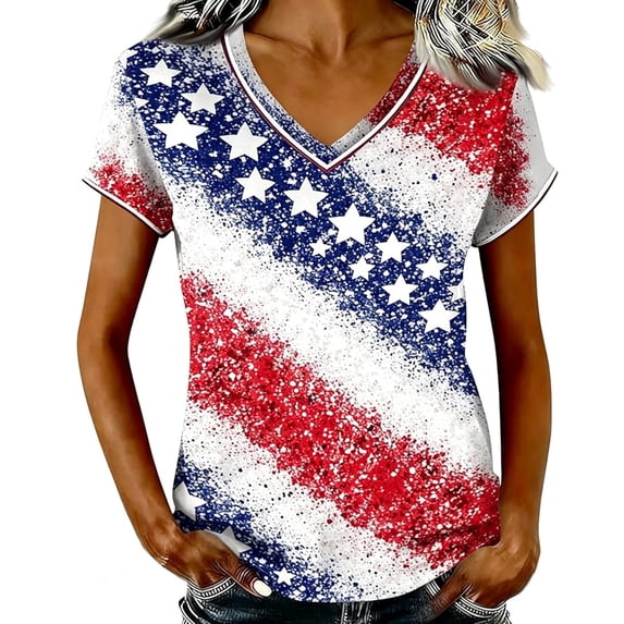 DHFJKG 250 Years Anniversary USA Shirts For Women Short Sleeve V Neck T Shirt American Flag Print 4Th Of July Independence Day Tee Top