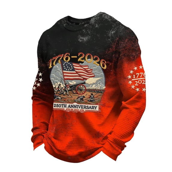 DHFJKG 250Th Anniversary Long Sleeve Shirts For Men 1776-2026 4Th Of July Top Waffle Crew Neck T Shirt US National Flag Graphic Tee