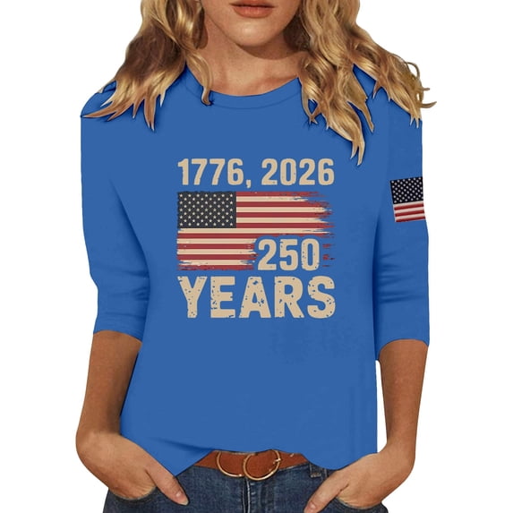 DHFJKG 3/4 Sleeve Shirts For Women Independence Day 1776-2026 250 Years Anniversary USA T Shirt National Flag Top