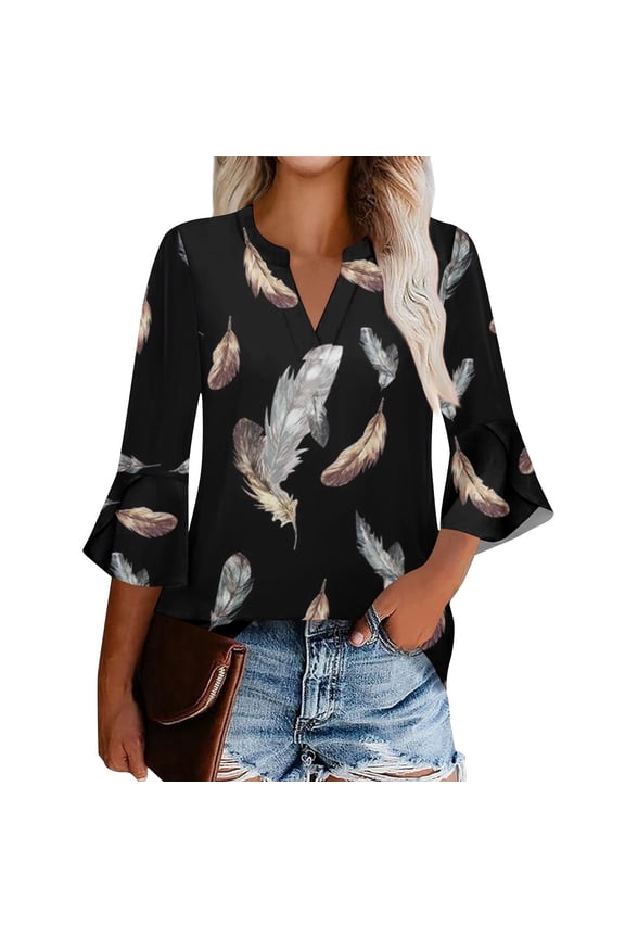 3/4 Sleeve Shirts For Women V Neck Flared Sleeve Loose Fit Tunic Dressy Work Blouse Spring Fall Casual Clothing Versatile Tops