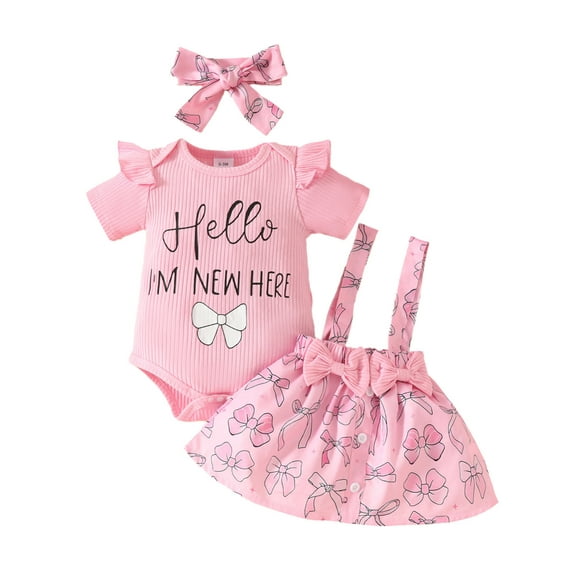 DHFJKG 3 Piece Suit Infant Girls Short Sleeve Letter Prints Ribbed Romper Bodysuit Bowknot Suspender Dress Outfits O-Neck Cute Outfit