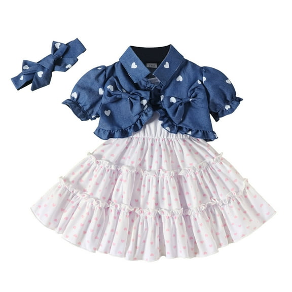 DHFJKG 3 Piece Suit Toddler Girls Short Sleeve Ruffles Heart Prints Denim Coat Tops Bowknot Princess Dress Headbands Outfits Turndown Collar Stylish Outfit