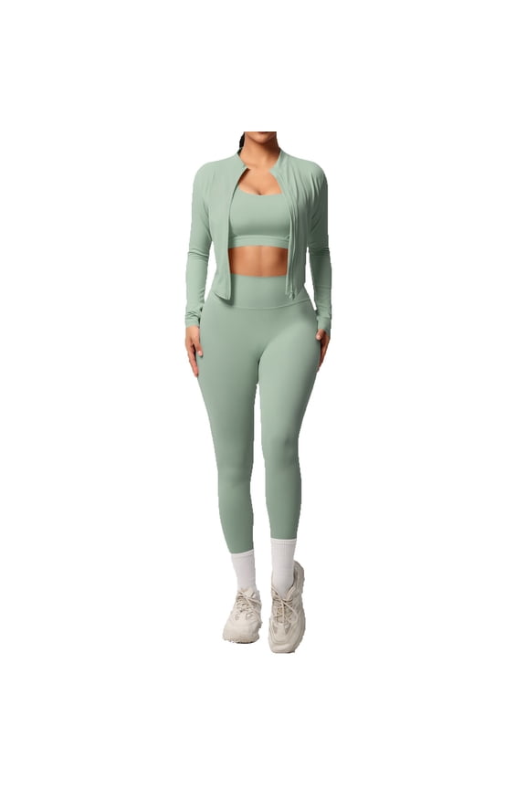 3 Piece Workout Sets For Women Yoga Sports Bra High Waisted Leggings Athletic Jacket Casual Running Fitness Yoga Wear Versatile Outfit
