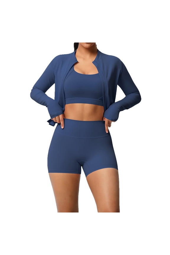 3 Piece Workout Sets For Women Yoga Sports Bra High Waisted Shorts Athletic Jacket Casual Running Fitness Yoga Wear Soft Outfit