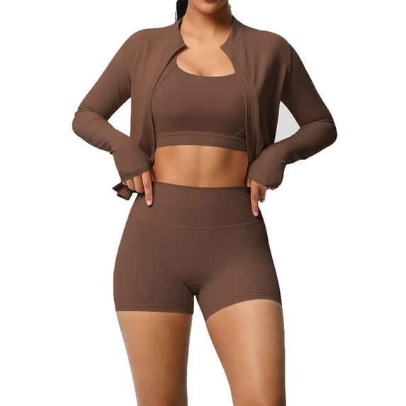 DHFJKG 3 Piece Workout Sets For Women Yoga Sports Bra High Waisted Shorts Athletic Jacket Casual Running Fitness Yoga Wear Stylish Outfit
