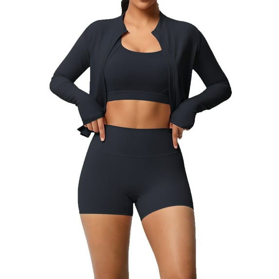 DHFJKG 3 Piece Workout Sets For Women Yoga Sports Bra High Waisted Shorts Athletic Jacket Casual Running Fitness Yoga Wear Versatile Outfit