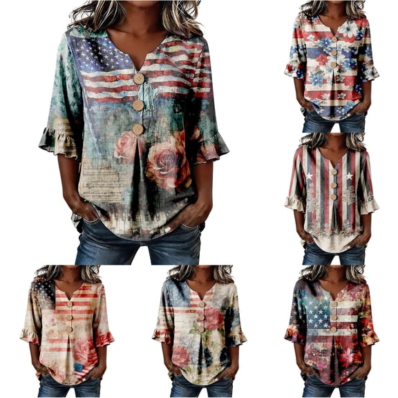 DHFJKG 4Th Of July Shirts Women Striped Floral Print 3/4 Sleeve Red White And Blue T Shirt V Neck Loose Fit Top Celebrate America's 250Th Anniversary