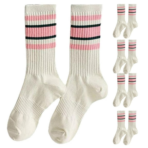 DHFJKG 5 Pairs Crew Socks For Women Knitted Stripped Preppy Style Calf Socks Breathable Cozy Stockings