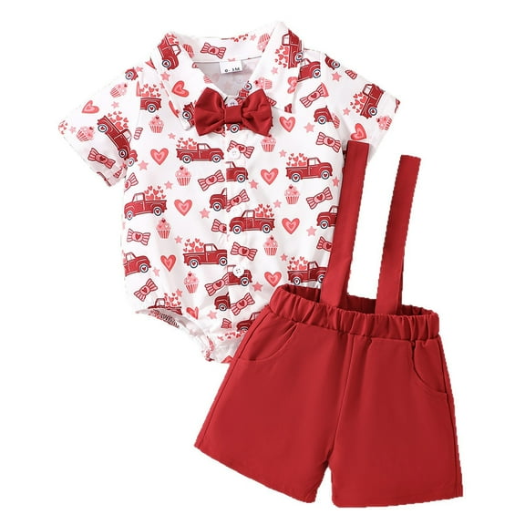 DHFJKG Baby Boy Clothes Outfits Gentlemen 2 Piece Sets Short Sleeve Prints Bow-Tie Romper Bodysuits Suspenders Shorts Valentine's Day Lovely Outfit