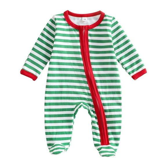 DHFJKG Baby Boys Girls Christmas Jumpsuits Winter Long Sleeve Crewneck Zip Up Warm Striped Footed Onesie 0-12 Months Xmas Cozy One-Piece