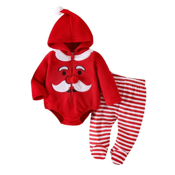 DHFJKG Baby Girl Boy Christmas Outfit Hooded Jumpsuit Long Sleeve Zipper Romper And Striped Footed Pants 2 Piece Soft Casual Playwear For Santa Cozy Sets