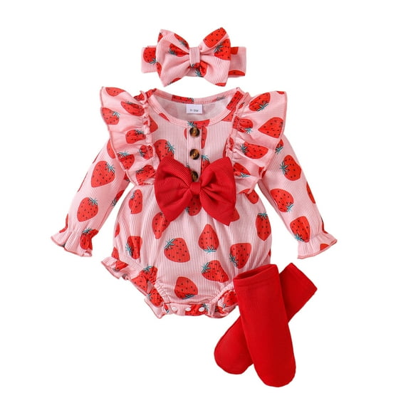 DHFJKG Baby Girls 3 Piece Outfits Romper Headband Socks Sets Adorable Print Long Sleeve Bodysuit With Bow Appliques For Infant Toddler Cute Outfit