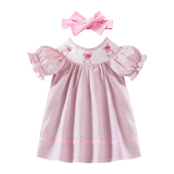 DHFJKG Baby Girls Easter Dresses Puff Short Sleeve Bunny Embroidery Cute A-Line Dress With Bow Headband 2PCS Set Toddlers Holiday Sweet Dresses
