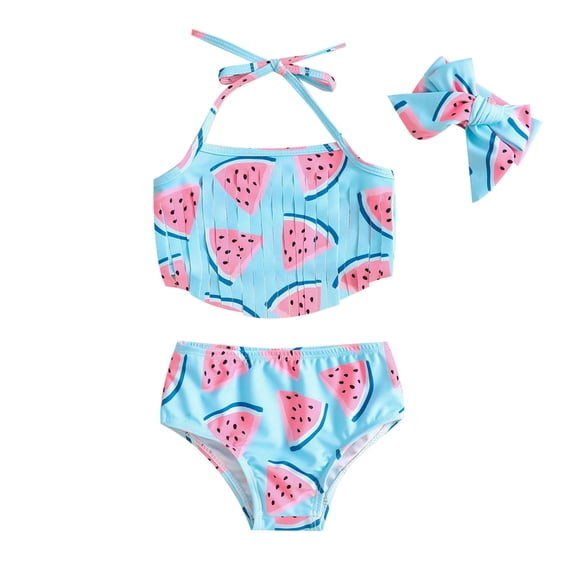 DHFJKG Baby Girls Swimsuits Newborn Infant Bathing Suit Watermelon Print Halter Top With Shorts Bow Headband 3PCS Swimwear Outfit Stylish Beachwear