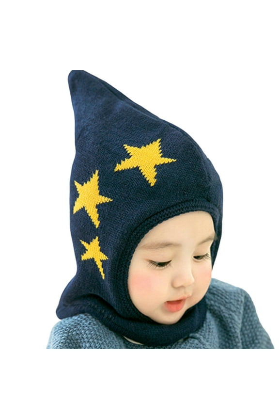 Baby Winter Knited Balaclava Hat Integrated Scarf With Pointed Top Star Pattern Beanie Warm Classic Hat