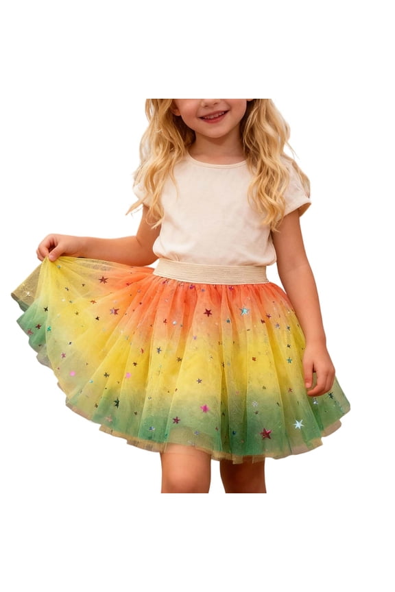 Ballet Tutu For Girls Rainbow Gradient Fluffy Multicolor Star Sequins Princess Ball Gown Skirts Kids Party Trendy Skirt