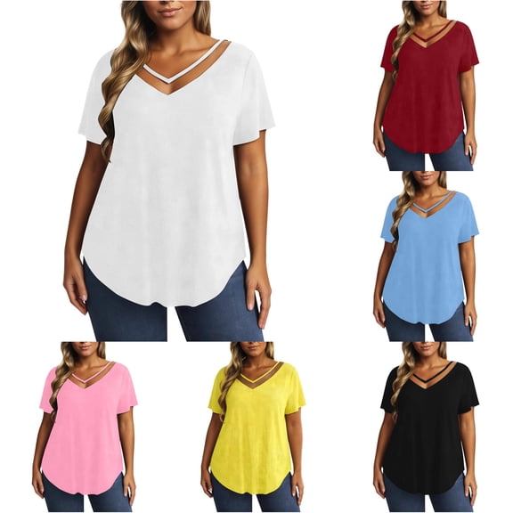 DHFJKG Basic Tees For Women Casual Oversized V Neck Hallow Out T Shirt Short Sleeve Curved Hem Flowy Shirt Summer Comfy Tops