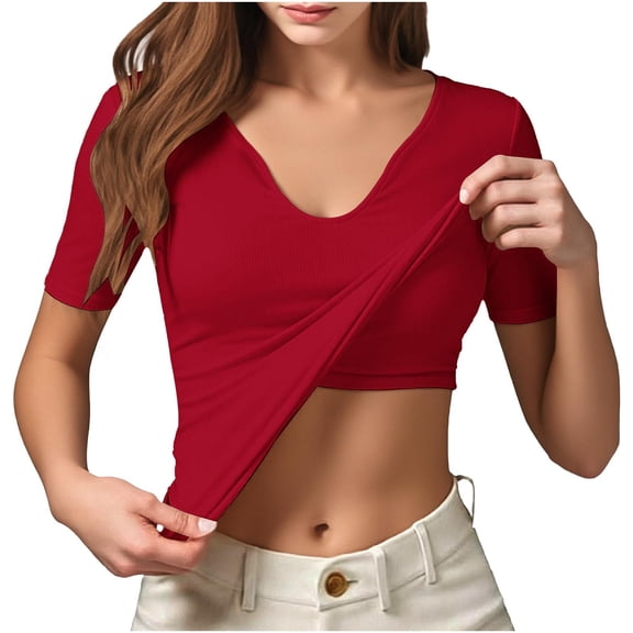 DHFJKG Basic Tees For Women Slim Fit Short Sleeve T Shirt With Built In Bra Seamless Workout Gym V Neck Tshirts Versatile Tops