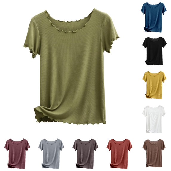 DHFJKG Basic Tees For Women Summer Ribbed Lettuce Trim Short Sleeve T Shirt Casual Loose Fit Crew Neck Tee Soft Tops