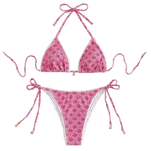 DHFJKG Bikini Sets For Women 2 Piece Boho Bathing Suit Halter Triangle Tie Side Swimwear With Thong Bottoms Stylish Beachwear