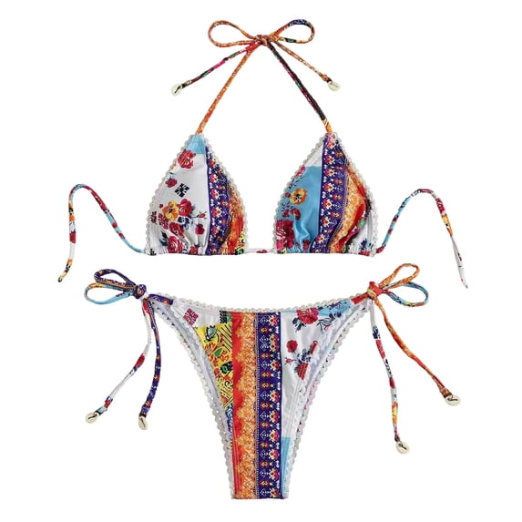 DHFJKG Bikini Sets For Women 2 Piece Boho Bathing Suit Halter Triangle Tie Side Swimwear With Thong Bottoms Trendy Beachwear