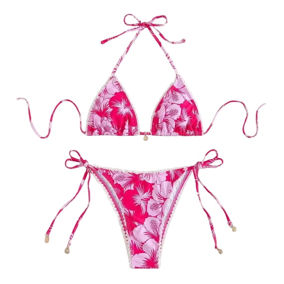 DHFJKG Bikini Sets For Women 2 Piece Boho Bathing Suit Halter Triangle Tie Side Swimwear With Thong Bottoms Trendy Beachwear