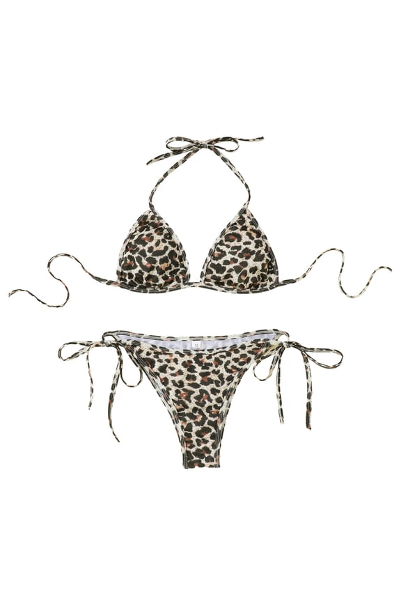 Bikini Sets For Women Leopard Printed 2 Piece Swimsuit Sets Side Tie Halter Triangle Top Thong Bottoms Summer Pool Party Outfit Holiday Beachwear