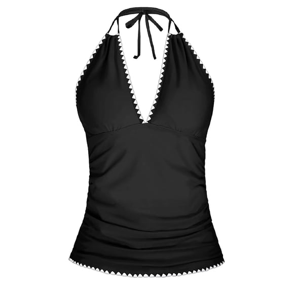 DHFJKG Bikini Top For Womens V Neck Halter Tankini Tops Y2k Ruched Solid Color Summer Going Out Cami Swimwear Vacation Beachwear