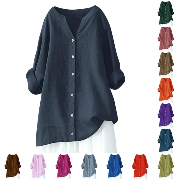DHFJKG Blouses For Women Casual Oversized Button Up Shirt Long Sleeve V Neck Mid Length Tops
