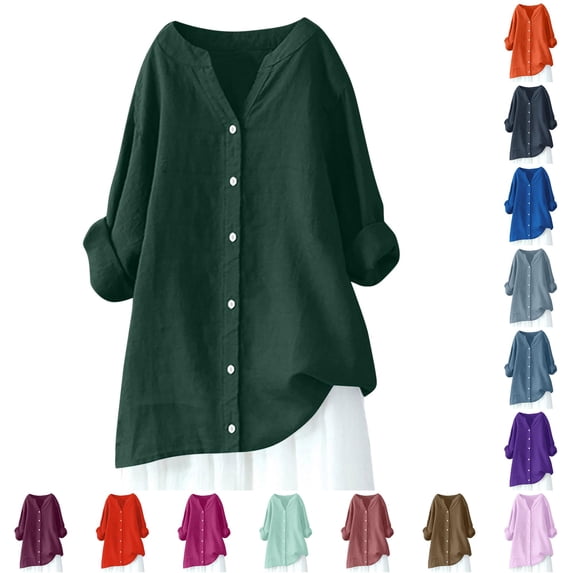 DHFJKG Blouses For Women Casual Oversized Button Up Shirt Long Sleeve V Neck Mid Length Tops